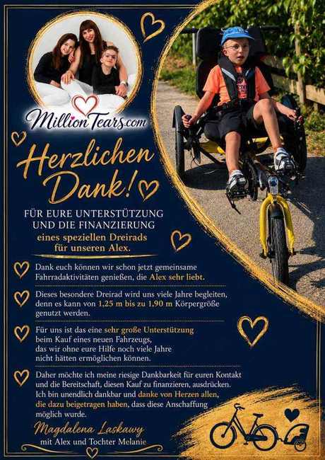 Herzlichen Dank für die Unterstützung und Finanzierung eines speziellen Dreirads für Alex